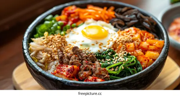 Korean traditional food Bibimbap with egg, beef, spinach and kimchi