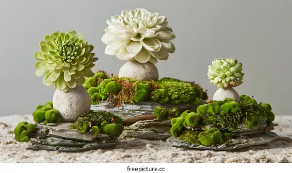 Three Green Plants on Stone with Moss