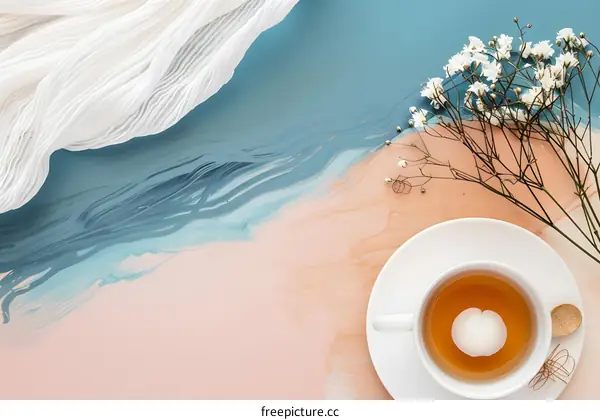 Flat Lay With Tea, Flowers, and Fabric on Blue and Peach Background