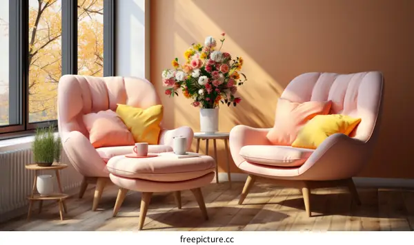 Two Pink Armchairs and a Footstool in a Living Room