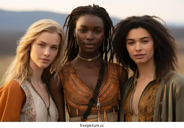 Diverse Women Standing in a Field at Sunset