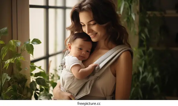 A mother is holding her baby in a baby carrier