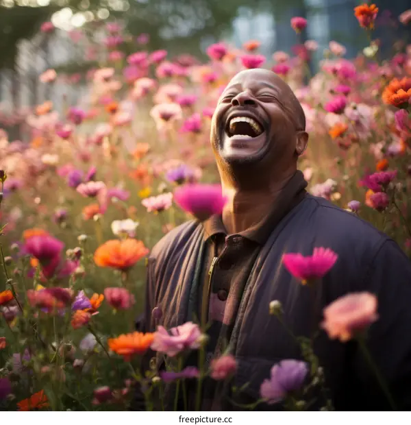 African American man laughing in a field of flowers
