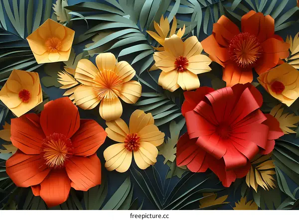 3D paper flowers of red orange yellow and green colors