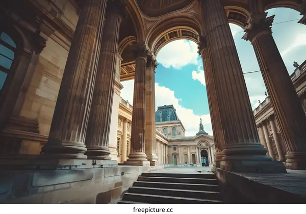 Classic Columns and Archway Leading to a Stone Courtyard