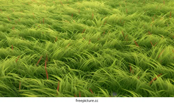 Green grass field with red stalks