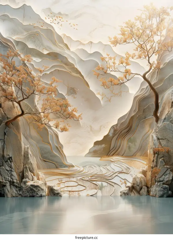 Golden Clouds and Azure Mountains