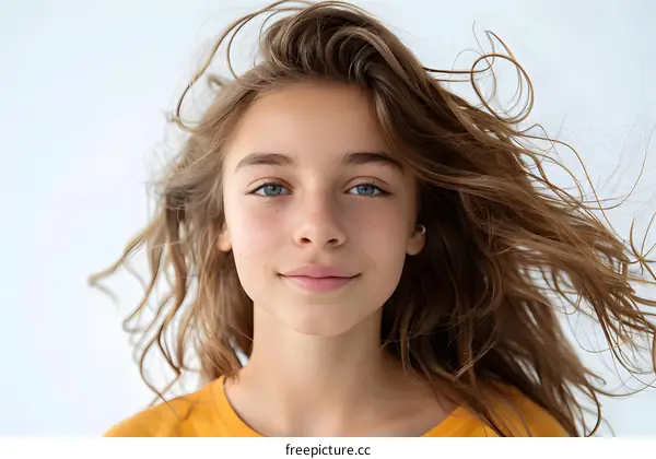 Young Woman with Long Brown Hair and Blue Eyes
