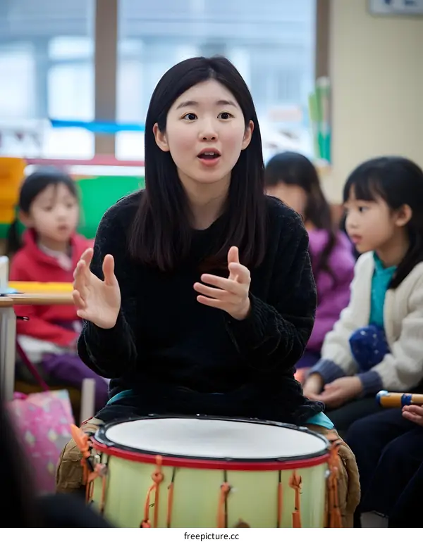 Young Asian Female Teacher Leading a Music Class with Kids