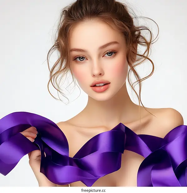 Beautiful Woman with Elegant Purple Ribbon