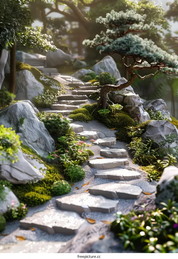 Japanese Garden Pathway Steps in Sunlight