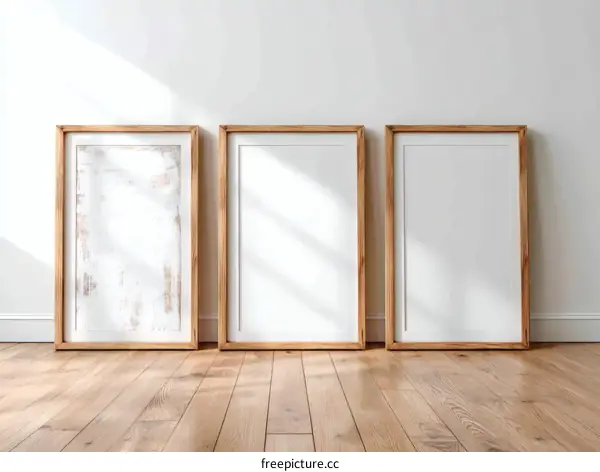 Three Empty Picture Frames on Light Wood Flooring