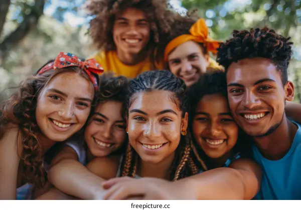 A group of diverse teenagers smiling and posing for a picture
