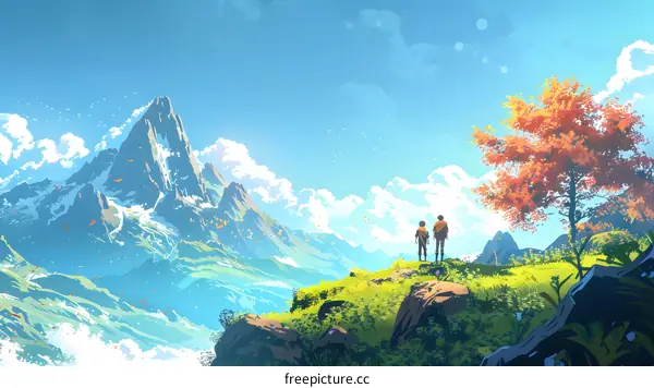 Two people standing on a cliff overlooking a valley with mountains in the distance