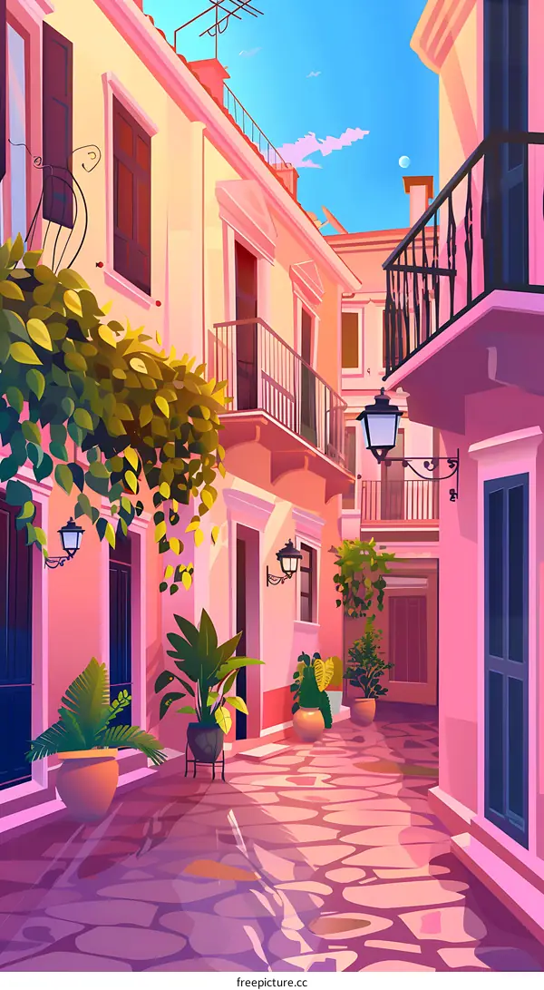 Beautiful Illustration of a Narrow Alleyway in an Old City