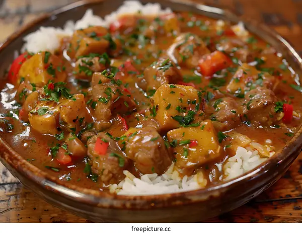 A delicious bowl of stew with rice