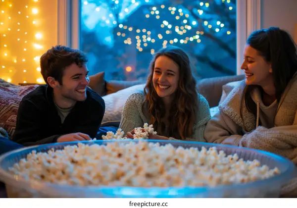 Three young friends sitting on the floor in front of a window watching a movie and eating popcorn