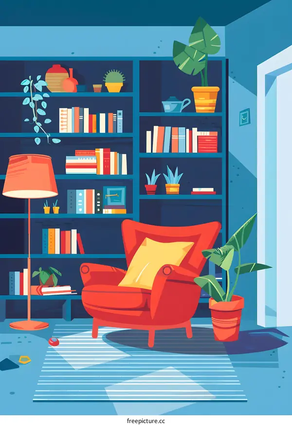Cozy Reading Nook With Bookshelf And Armchair Illustration
