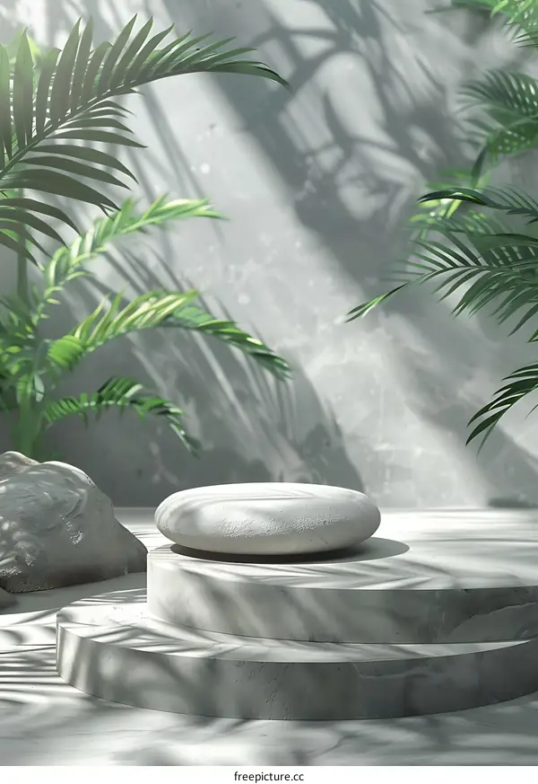Stone Podium with Palm Leaves Background