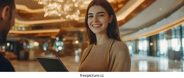 Smiling Woman with Tablet in Hotel Lobby