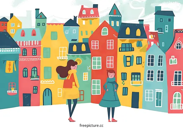 Colorful Cartoon Cityscape with Two Girls Walking
