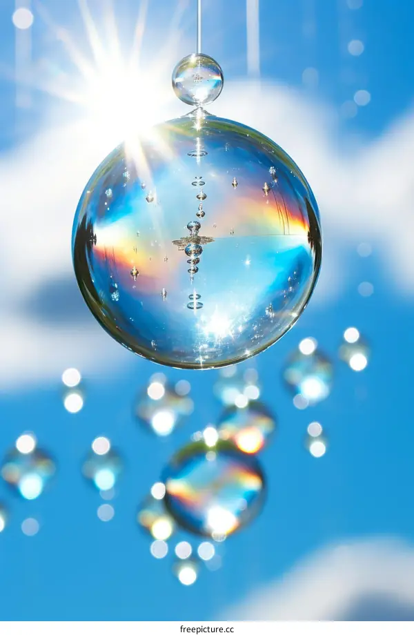 Water Droplets Suspended in a Glass Orb with Blue Sky Background