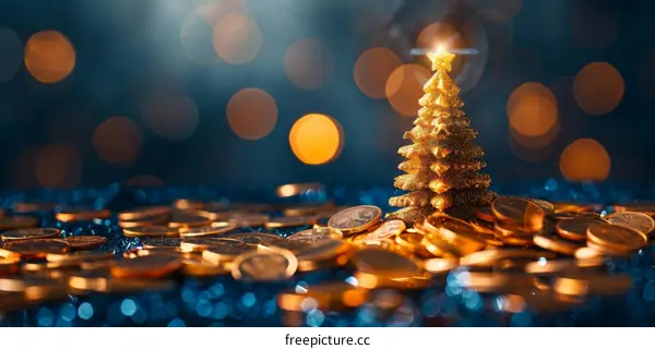 Golden Christmas tree on a pile of gold coins