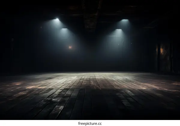 Wooden stage illuminated by spotlights