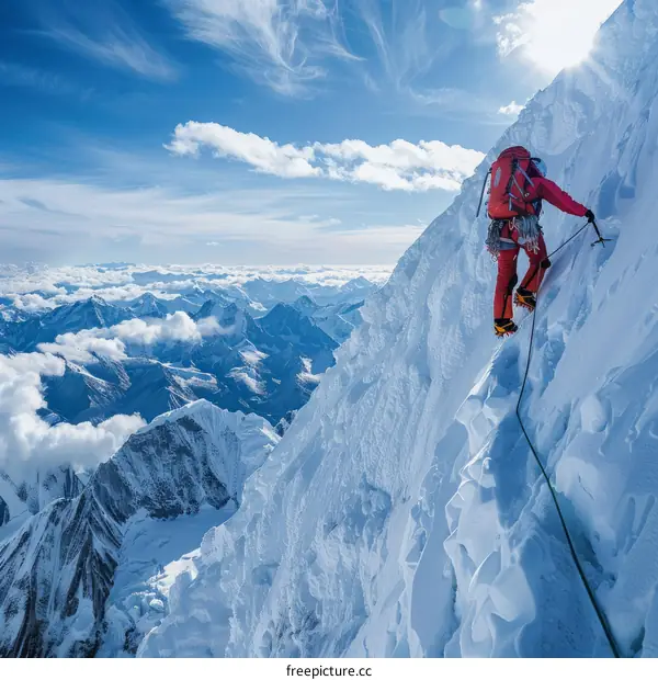 Mountaineer Ascends Steep Slope of Snow-Covered Mountain