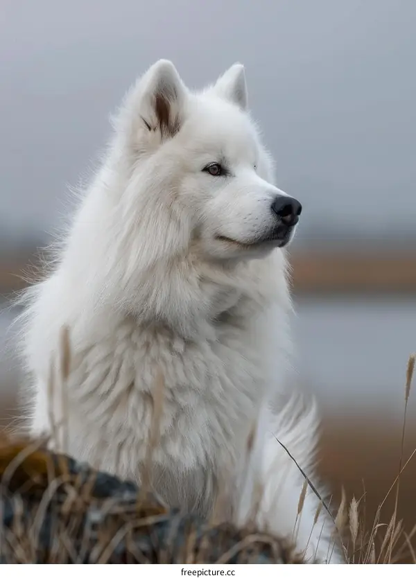 Playful Samoyed Dog in a Snowy Field