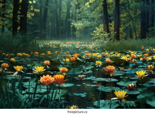 Enchanted Forest Pond with Orange and Yellow Lilies