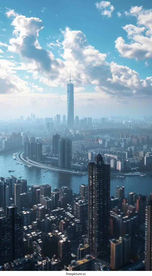 Modern Metropolis with River and Skyscraper