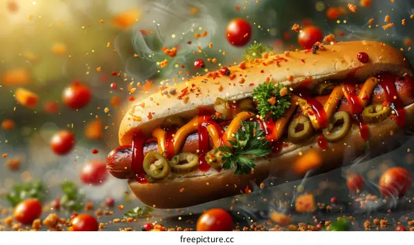 Hotdog with mustard, ketchup, jalapenos and parsley