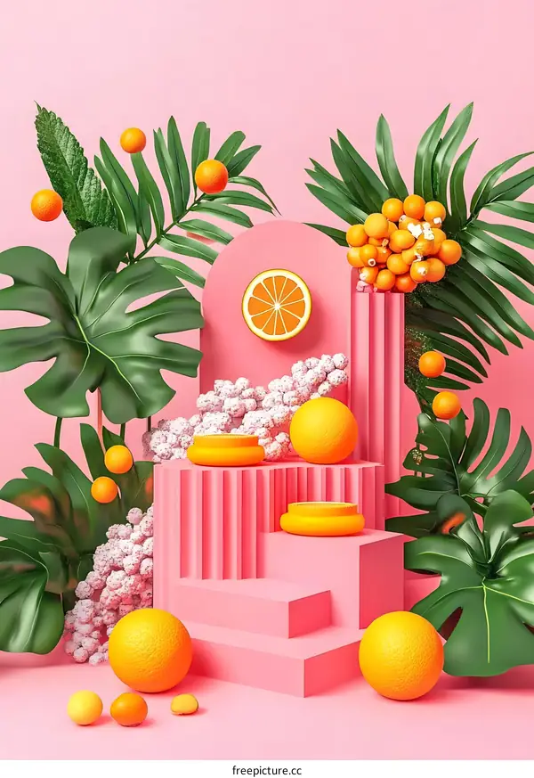 Pink and Green Minimalist Product Display with Oranges