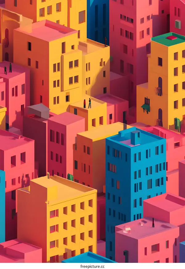 Colorful Cityscape with Minimalist Architecture and People on Rooftops