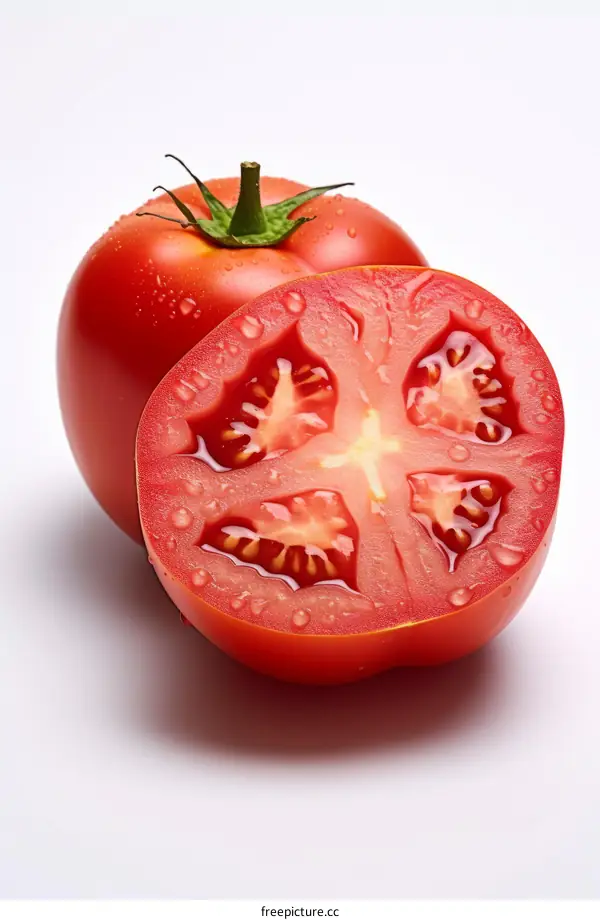 A tomato cut in half with water droplets on its surface