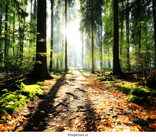 Autumn Sunlight Path in a Forest
