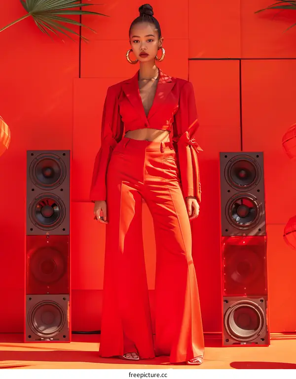 Black female model in red suit posing in front of red speakers