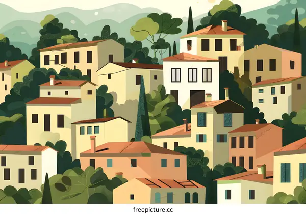 Colorful Illustration of Houses in a Hillside Village