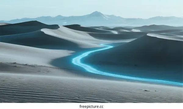 A glowing blue river winding through endless desert dunes under clear sky
