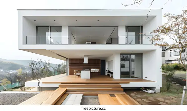 Modern White House with Wooden Deck and Stairs