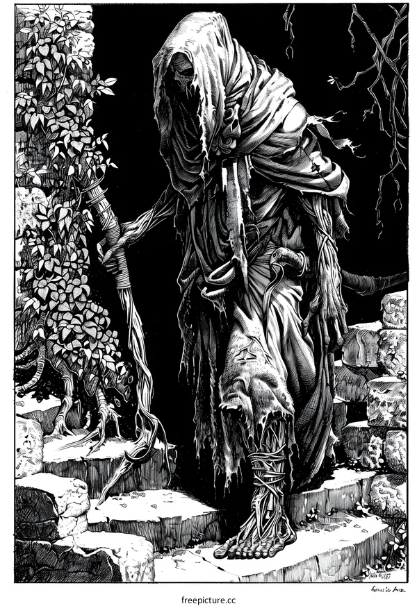 Black and White Illustration of a Person Wearing a Hooded Robe