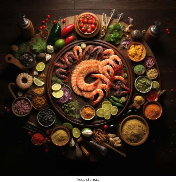 A table adorned with spices and a plate of shrimp