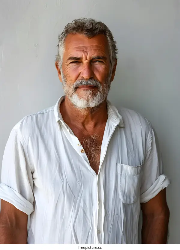Portrait of a Middle Aged Man with Gray Hair and a White Shirt