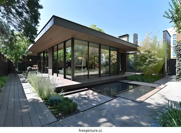 Modern House with a Water Feature and Garden