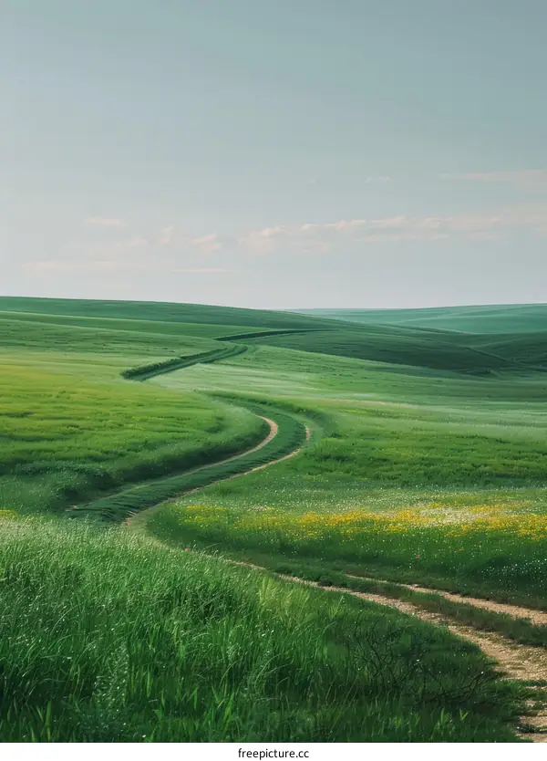 Curving Dirt Road Through Green Rolling Hills
