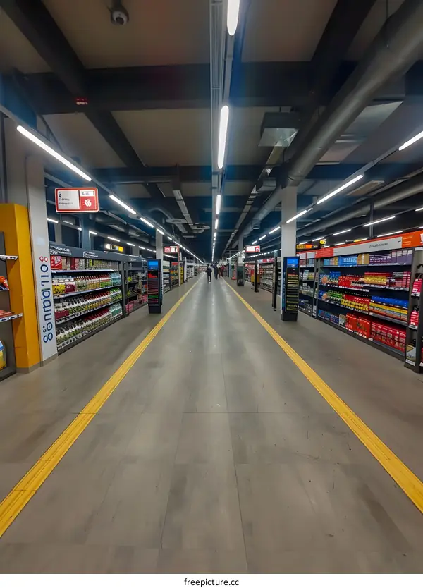 Supermarket Aisle with Yellow Lines and Fluorescent Lights