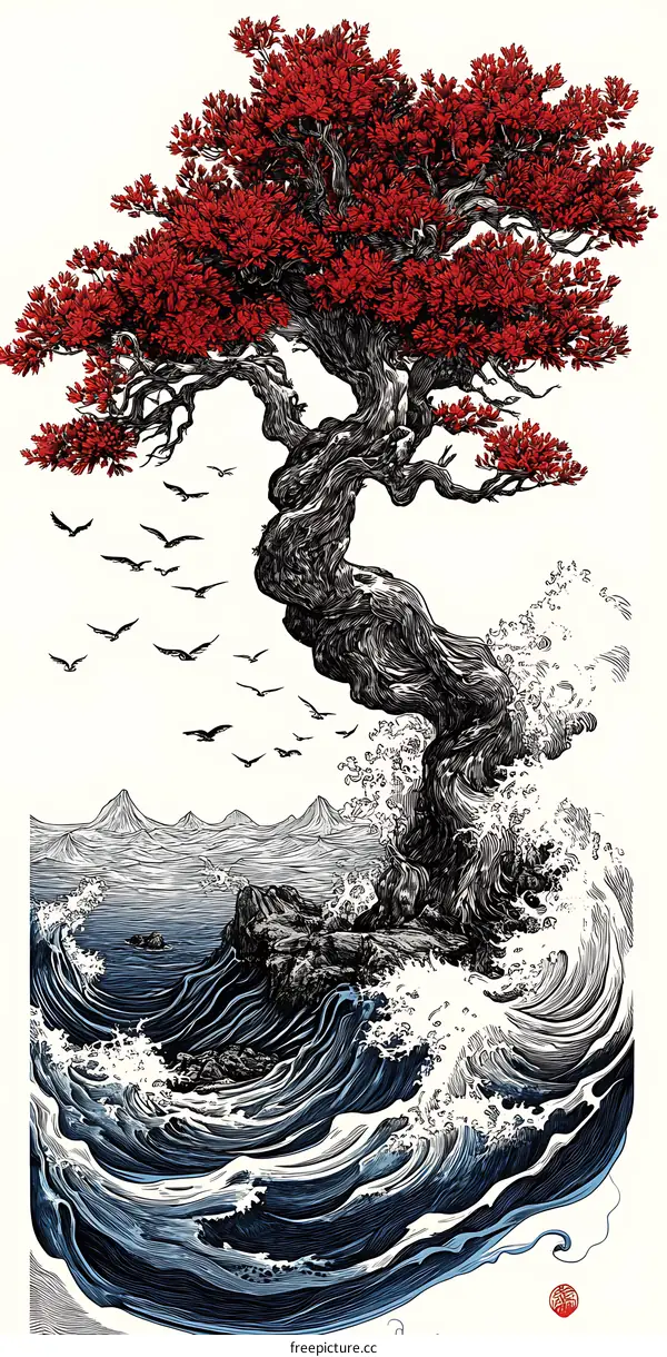 Ink Illustration of a Red Tree Growing on a Rock in the Sea