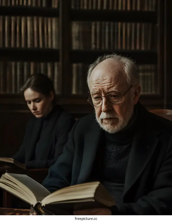 Elderly Man and Young Woman Reading Books in Library