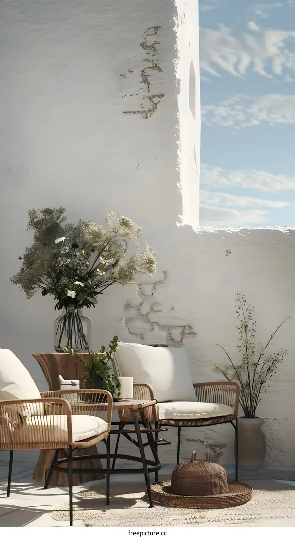White Wall Patio With Wicker Chairs and Flowers